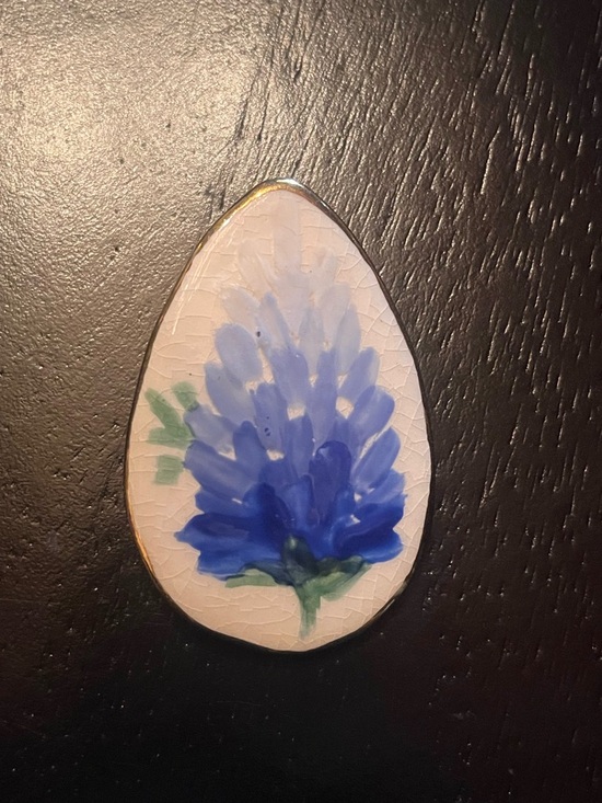 Jewelry - Vintage Hand-Painted Blue Floral Teardrop Ceramic Pin